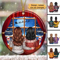 Ornament Besties Sisters Standing Near Window Christmas Personalized Circle Ornament Ceramic / Pack 1
