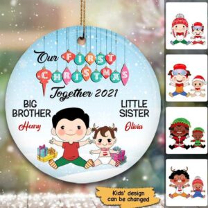 Ornament Brothers Sisters First Christmas Personalized Circle Ornament Ceramic / Pack 1