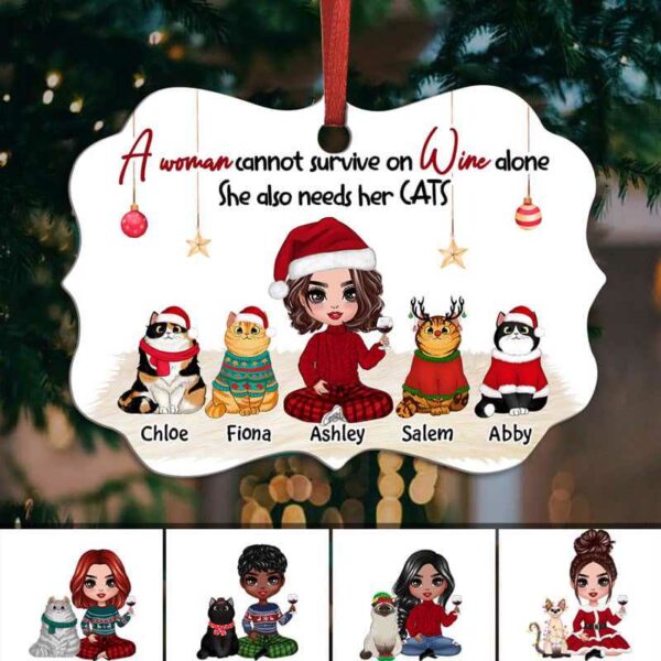 Ornament Cannot Survive On Wine Alone Doll Girl Cats Personalized Christmas Ornament Pack 1