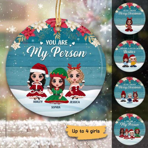 Ornament Christmas Doll Besties In Snow Personalized Circle Ornament Ceramic / Pack 1