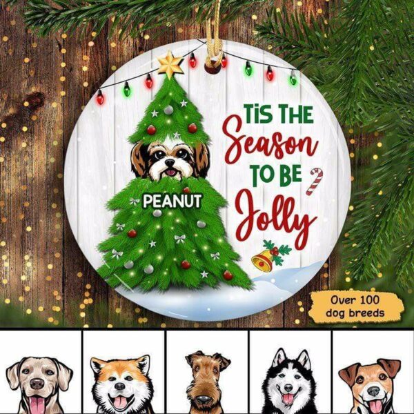 Ornament Christmas Tree Peeking Dog Personalized Circle Ornament Ceramic / Pack 1