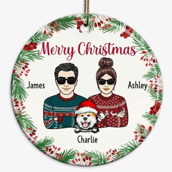 Ornament Couple And Dogs Holly Branch Christmas Personalized Circle Ornament