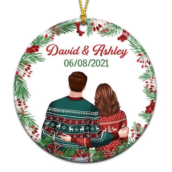 Ornament Couple Anniversary Date Holly Branch Christmas Personalized Circle Ornament