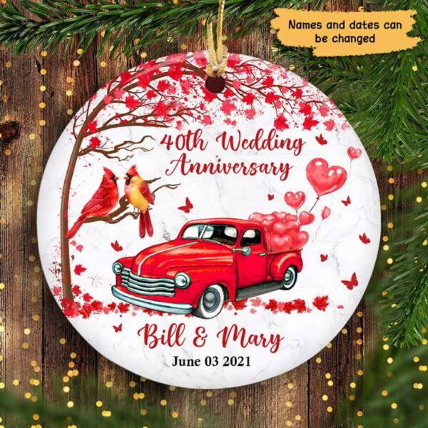 Ornament Couple Cardinal Wedding Anniversary Personalized Circle Ornament Ceramic / Pack 1
