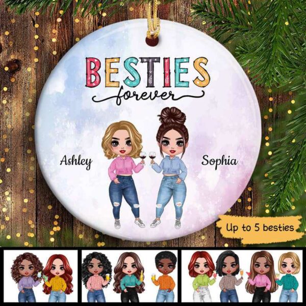 Ornament Doll Besties Floral Pattern Personalized Circle Ornament Ceramic / Pack 1