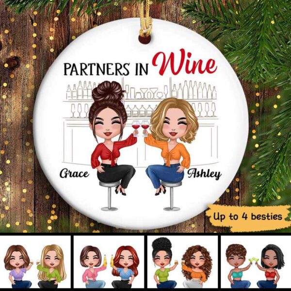 Ornament Doll Besties Partners In Wine Personalized Circle Ornament Ceramic / Pack 1