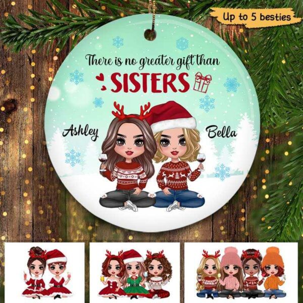 Ornament Doll Besties Sisters Sitting Christmas Personalized Circle Ornament Ceramic / Pack 1