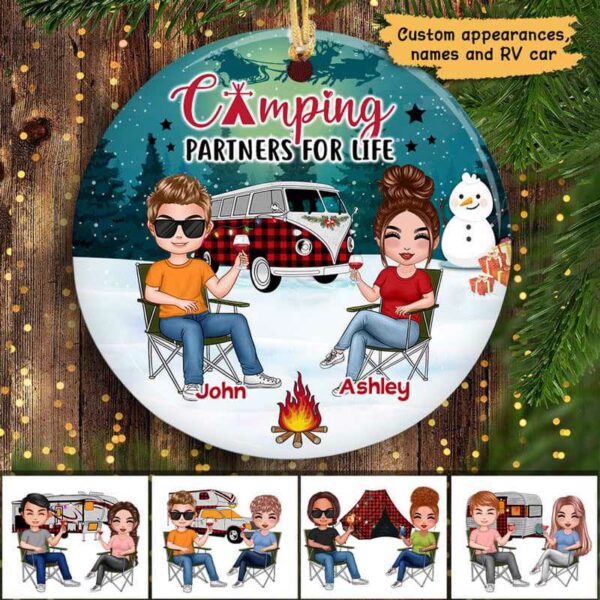 Ornament Doll Couple Camping Personalized Circle Ornament Ceramic / Pack 1
