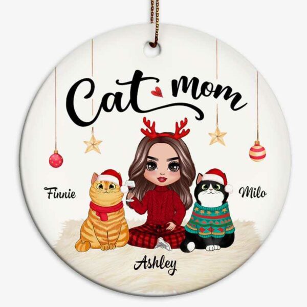 Ornament Doll Girl Checkered Pants With Cats Christmas Personalized Circle Ornament