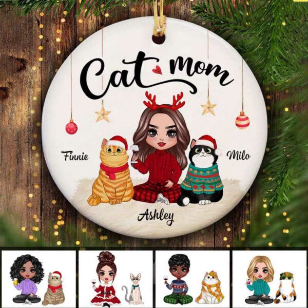 Ornament Doll Girl Checkered Pants With Cats Christmas Personalized Circle Ornament Ceramic / Pack 1