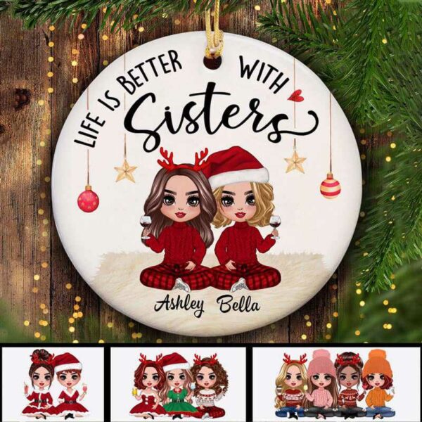 Ornament Doll Sisters Checkered Pants Christmas Personalized Circle Ornament Ceramic / Pack 1