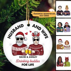 Ornament Drinking Buddies Husband Wife Personalized Circle Ornament Ceramic / Pack 1
