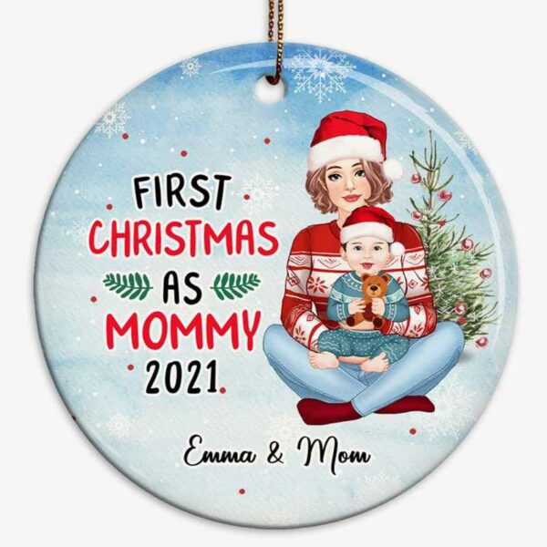 Ornament First Christmas As Mom Grandma Personalized Decorative Circle Ornament