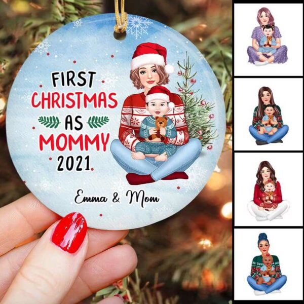 Ornament First Christmas As Mom Grandma Personalized Decorative Circle Ornament Ceramic / Pack 1