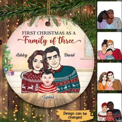 Ornament First Christmas Front View Baby & Parents Personalized Circle Ornament Ceramic / Pack 1