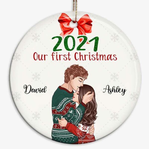 Ornament First Christmas Simple Background Couple Personalized Circle Ornament
