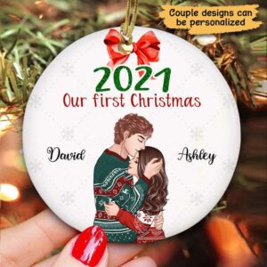 Ornament First Christmas Simple Background Couple Personalized Circle Ornament Ceramic / Pack 1