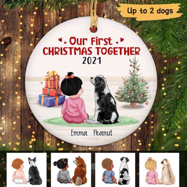 Ornament First Christmas Together Baby & Dog Personalized Circle Ornament Ceramic / Pack 1