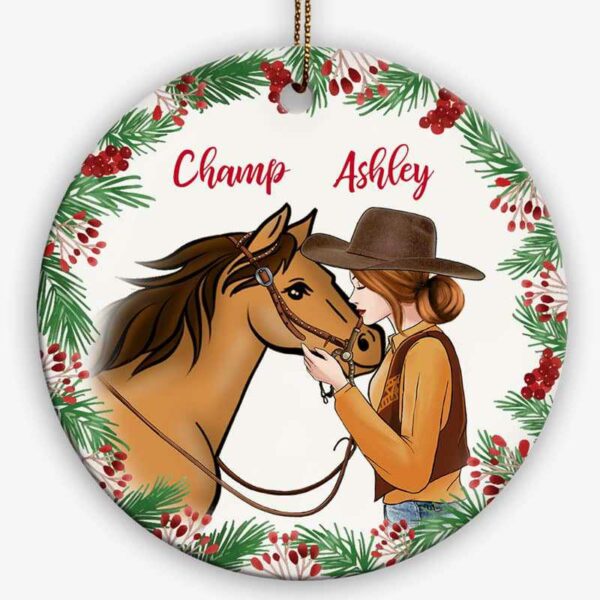 Ornament Girl And Horse Holly Branch Christmas Personalized Circle Ornament