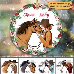 Ornament Girl And Horse Holly Branch Christmas Personalized Circle Ornament Ceramic / Pack 1
