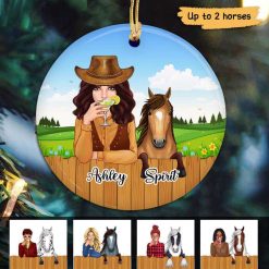 Ornament Girl And Horse Sitting Personalized Circle Ornament Ceramic / Pack 1
