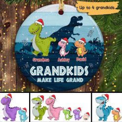 Ornament Grandkids Make Life Grand Dinosaur Family Personalized Circle Ornament Ceramic / Pack 1