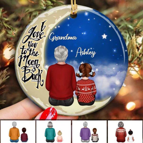 Ornament Grandma Grandkids On Moon Personalized Circle Ornament Ceramic / Pack 1