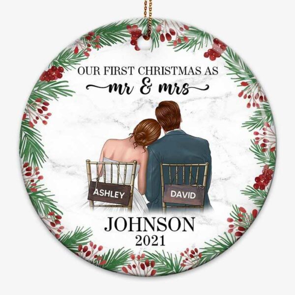 Ornament Groom Bride Anniversary Floral Frame Personalized Circle Ornament