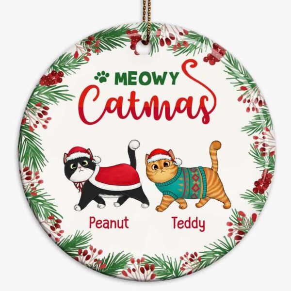 Ornament Holly Branch Fluffy Cats Christmas Personalized Circle Ornament