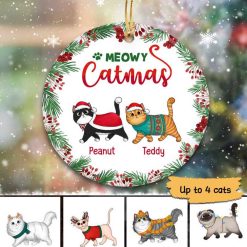 Ornament Holly Branch Fluffy Cats Christmas Personalized Circle Ornament Ceramic / Pack 1