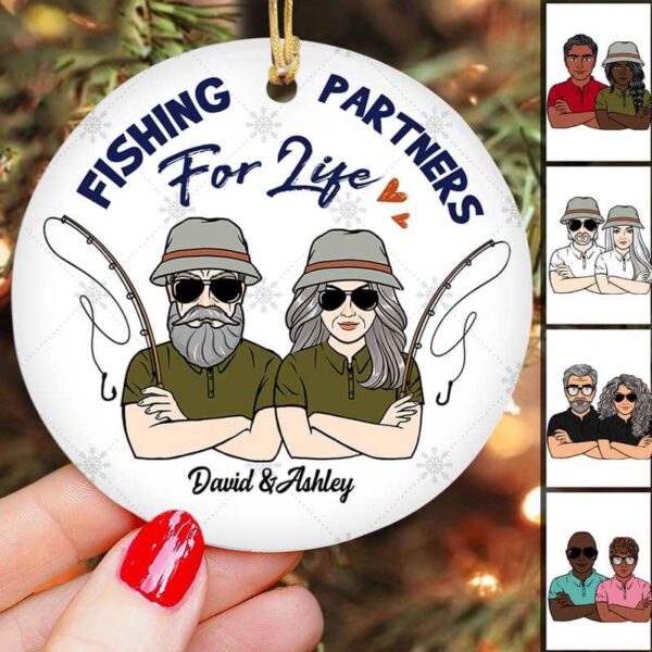 Ornament Husband Wife Fishing Partners Personalized Circle Ornament Ceramic / Pack 1