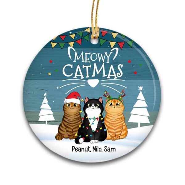 Ornament Meowy Catmas Blue Wood Christmas Personalized Decorative Circle Ornament