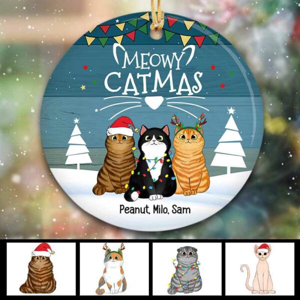 Ornament Meowy Catmas Blue Wood Christmas Personalized Decorative Circle Ornament Ceramic / Pack 1