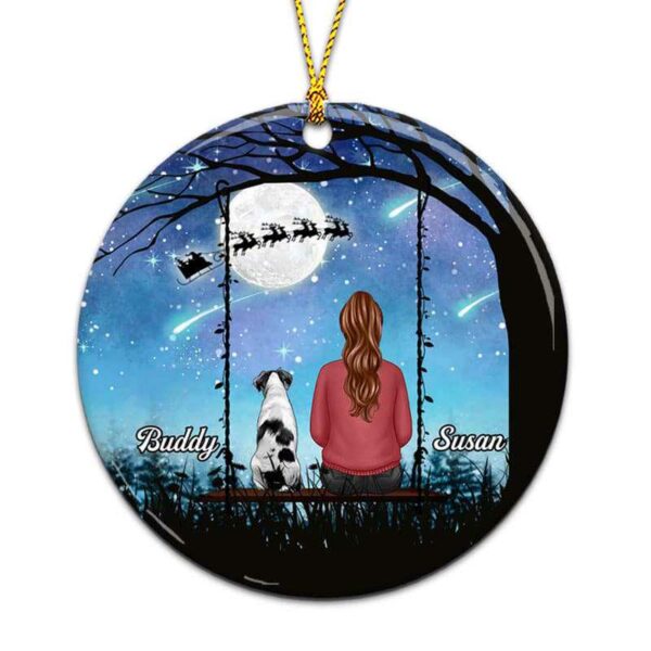 Ornament On Swing Christmas Night Girl And Dogs Personalized Circle Ornament