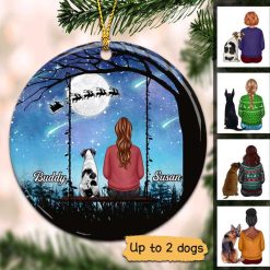 Ornament On Swing Christmas Night Girl And Dogs Personalized Circle Ornament Ceramic / Pack 1