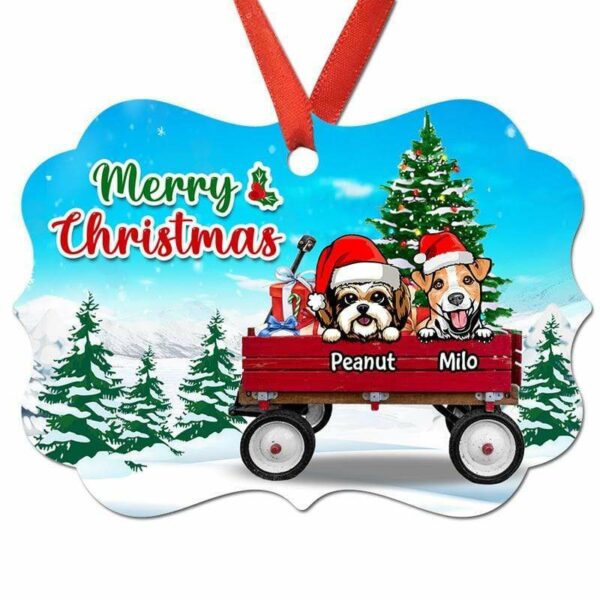 Ornament Peeking Dogs On Christmas Wagon Personalized Christmas Ornament