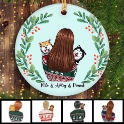 Ornament Woman Holding Dog Cat Christmas Personalized Decorative Circle Ornament Ceramic / Pack 1