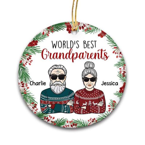 Ornament World‘s Best Grandparents Holly Branch Christmas Personalized Circle Ornament
