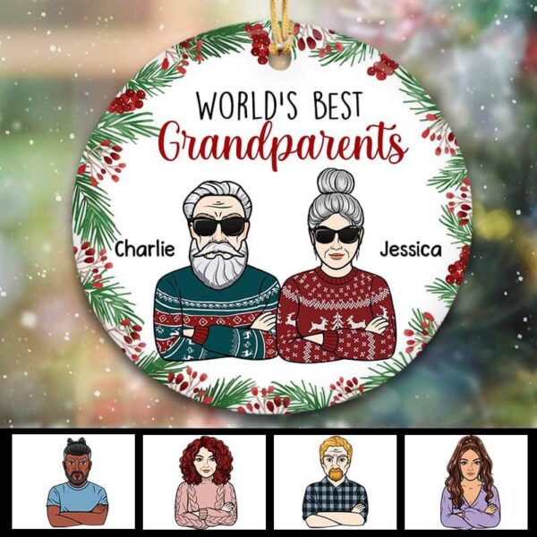 Ornament World‘s Best Grandparents Holly Branch Christmas Personalized Circle Ornament Ceramic / Pack 1