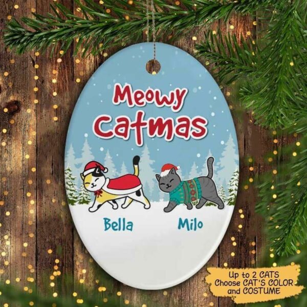 Oval Ornament Cat Christmas Walking In The Snow Personalized Decorative Oval Ornament Pack 1