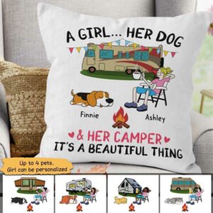 Pillow A Camping Girl And Her Fur Babies Personalized Pillow (Insert Included) 18x18 / Linen
