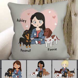 Pillow Chibi Girl Loves Her Dachshunds Personalized Pillow (Insert Included) 18x18 / Linen