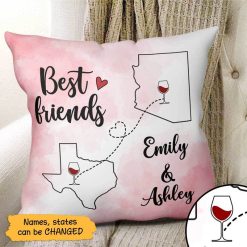 Pillow Long Distance Relationship Gift Wine Besties Watercolor State Outline Personalized Pillow (Insert Included) 18x18 / Linen