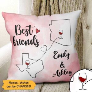 Pillow Long Distance Relationship Gift Wine Besties Watercolor State Outline Personalized Pillow (Insert Included) 18x18 / Linen
