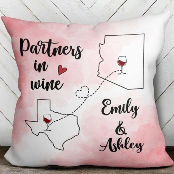 Pillow Long Distance Relationship Gift Wine Besties Watercolor State Outline Personalized Pillow (Insert Included)