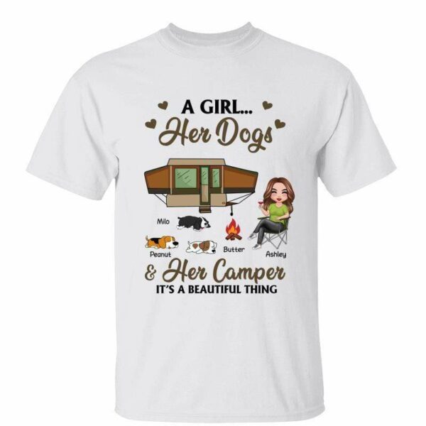 T-Shirt Doll Girl And Her Dogs Camping Personalized Shirt Classic Tee / White Classic Tee / S
