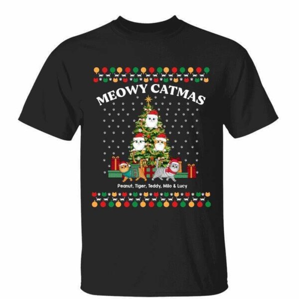 T-Shirt Meowy Catmas Cats On Tree Ugly Sweater Pattern Personalized Shirt Classic Tee / Black Classic Tee / S