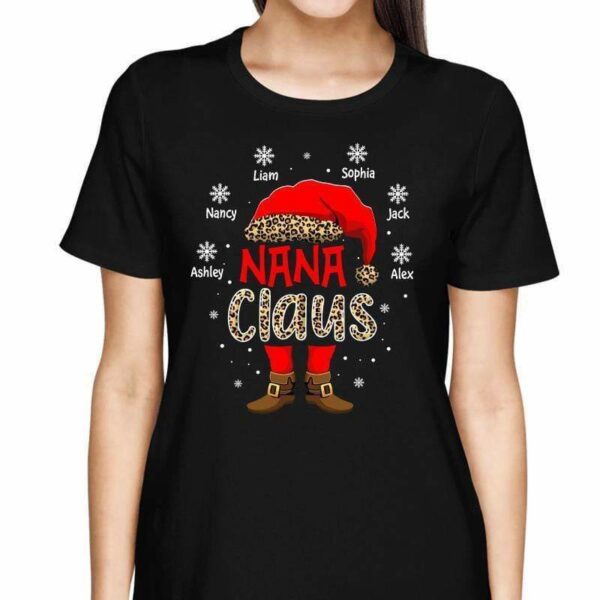 T-Shirt Nana Claus Grandma Mom Gift Leopard Christmas Personalized Shirt