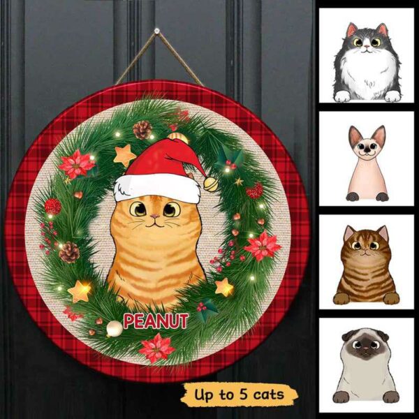 Wood Sign Fluffy Cats Christmas Wreath Personalized Door Hanger Sign 10"x10"