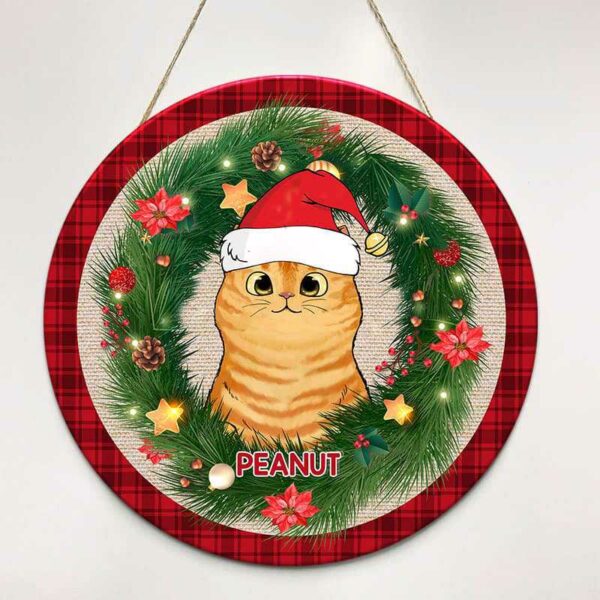 Wood Sign Fluffy Cats Christmas Wreath Personalized Door Hanger Sign
